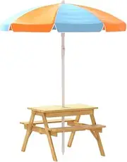 Keezi Kids Table and Chairs with Umbrella, 75 x 40 x 54cm Outdoor Lounge Setting Picnic Water Tables Garden Benches Seat Sandpit Camping Beach Children Play Equipment, 2 Storage Boxes