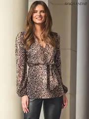 Sosandar Brown Animal Print Plisse Tie Front Top (F52614) | $113