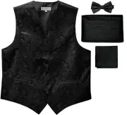 New Men's Paisley Tuxedo Vest Waistcoat & Cummerbund & Bow tie & Hankie Black
