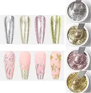 VERONNI Glitter Gel Nail Polish Chrome Platinum Glitter Gel Nail Polish Set, Sparkly Shiny Silver Gold Pink Champagne 4 Colors Nail Art Painting Drawing Home DIY Manicure Nail Salon