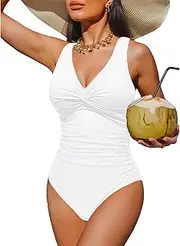 Holipick One Piece Swimsuit for Women Vintage V Neck Twist Bathing Suit Tummy Control Slimming Monokini