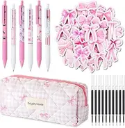 Thenshop Coquette Pink Bow Pen Set 6 Cute Bow Retractable Ballpoint Pens with 10 Pen Refills Aesthetic Pencil Case Pouch 45 Bow Ribbon Stickers for Pink Party Favors Office Supplies Birthday Gift