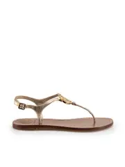 Gold Leather Crystal Logo Sandals