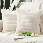 Pack of 2 Boho Striped Corduroy Throw Pillow Covers 16x16 Inch Beige Soft