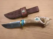 Bob Dill Custom Knives Carved Elk Stag Hunter, Turquoise Inlay
