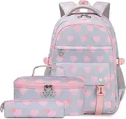[ZHANAO] Girls Backpack Set Heart-print Kids School Bookbag for Teen Girls Cute Lightweight Schoolbag Set with Lunch Box