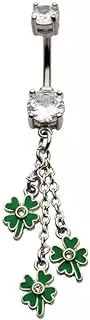 [Pierced Owl] 14GA 316L Stainless Steel CZ Crystal Dangling Chains with Green Enamel Shamrocks Belly Button Ring, Metal, crystal