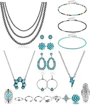 [Fansilver] Western Jewelry for Women Bohemian Turquoise Jewelry Set Navajo Pearl Necklace Beaded Choker Necklace Turquoise Earrings Bracelet Western Knuckle Rings Turquoise Jewelry for Women