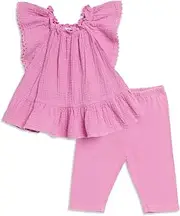 [Splendid] Kids Baby Girls Sun Gauze Ruffle Shoulder Sleeveless Tee Shirt and Pant 2-Piece Set, Petal, 12-18 Months, Petal