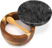 Wooden Salt Cellar Box With Marble Lid & Spoon Modern Black Stone Salt Or Pepper