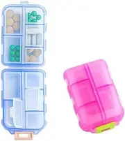 10 Compartments Pill Box Organizer, 2Pcs Portable Pill Case Pill Box Dispenser with 10 Compartments,10 Grids Portable Pocket Pill Box Dispenser,10 Grid Compartments Pocket Travel Pill Case (Blue,Pink)