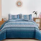 Blue Quilt Set Queen Size Bohemian Stripe 3 Pieces Quilts Bedspread Set