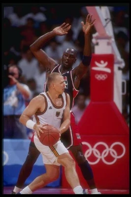 Guard Michael Jordan USA looks to pass the ball at a game at the 1992 Old Photo