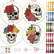 BEUNITONE 4 PCS Skull Embroidery Kit Flower Cross Stitch Kit for Beginners Adults Brain Embroidery Starter Kit Bone Needlepoint Kit for Beginners Inner DIY Embroidery kit with Instructions Home Decor