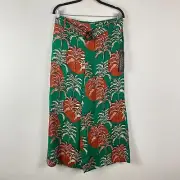 Nicole Miller New York 100% Linen Wide Leg Crop Pants L Green Red Palm Belted