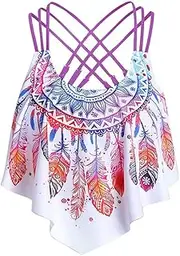 [Generic] Womens Swimsuit with Shorts Bottom Women Overlay Flounce Crisscross Feather Print Strappy Padded Swim Top Womens Plus Size Swimwear 20