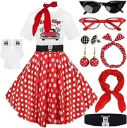 [VillbeCoser] 10Pcs Sock Hop Outfits Women, 1950s Poodle Skirts, T-Shirt with 50s Accessories Socks Scarf Headband Belt Earring