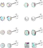 [Staligue] 8 Pairs Titanium Surgical Steel Earrings for Women Men Hypoallergenic Flat Back Stud Earrings for Sensitive Ears 20 Gauge Surgical Steel Cartilage Earring Opal CZ Pearl Small Nap Sleeper
