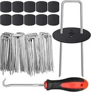 EUOKOK 150 Weed Control Membrane Pegs + 150 Buffer Washer, 6 Inch 11 Gauge Galvanized U-Shaped Metal Garden Landscape Staples Weed Mat Yard Ground Pins for Securing Weed Barrier Fabric，Artificial Turf