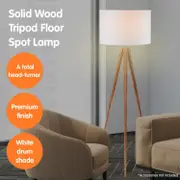 METAL TRIPOD FLOOR SPOT LAMP SHADE DRUM IN WOODEN FINISH