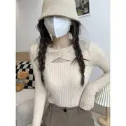 Long-Sleeve Plain Twist Cutout Knit Top Almond - One Size