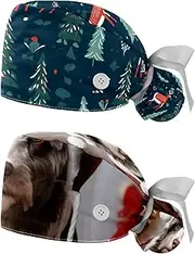 [YTYVAGT] 2-Pc,Nurse Scrub Caps,Scrub Hats with Buttons and Cotton Sweatband,Christmas Forest