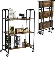 Giantex 3-Tier Folding Rolling Cart, Industrial Kitchen Serving Island on Wheels with Metal Frame, Foldable Rolling Baker Rack, Utility Storage Organizer for Kitchen, Dining Room, Garage, Laundry , Rustic Brown