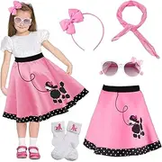 [FAYBOX] Poodle Skirts 50s Outfit for Girls, 1950s Polka Dot Poodle Skirt with Scarf, Glasses and Socks