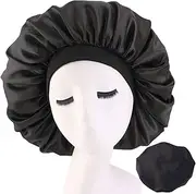 Satin Bonnet Sleep Cap, Large Silk Bonnet Jumbo Day and Night Sleep Caps Silk Night Bonnet Sleeping Head Cover Satin Hair Bonnet Elastic Band Chemo Cap for Curly Hair Women Black Natural Braids
