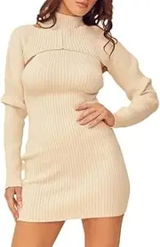 [EMOTAÉ] Women's Femme Fatale Mock Neck Sweater Dress with Shrug Top in Ivory