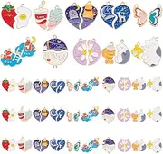 [PH PandaHall] 40pcs Colourful Enamel Charms Split Charms Pendant, 10 Styles Cat Heart Flower Split Charms Matching Couple Pendants for Necklace Bracelet Earrings Keychain Jewellery Making, Alloy, No