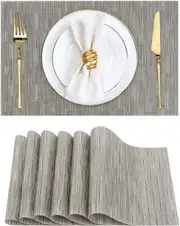 Placemats, Set of 6 Heat Resistant Place Mats, Stain-Proof Non-Slip Wipeable PVC (Linen Grey)