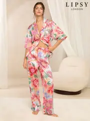Lipsy Pink Floral Relaxed Long Sleeve Printed Satin Pyjamas Set (AT9738) | $104