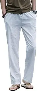 [Aosufei] Men's Elastic Waist Loose Fit Solid Pants Linen Drawstring Comfort Trousers Summer Outdoor Hiking Pants