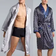 Mens Emulation Silk Pajamas Kimono Bathrobe Robe Dressing Nightgown Loungewear