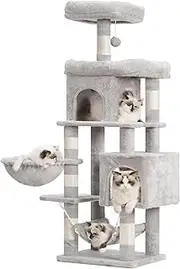 Heybly Cat Tree with Large Platform, Multi-Level Cat Tower with 2 Caves, Cat Condo with 6 Sisal Scratching Posts, Top Perch and Hammock for Indoor Cats Basket, Light Gray HCT016W