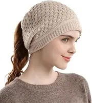 [Pocadri] Women's Cable Knit Beanie Tail Hat Solid Messy High Bun Ponytail Beanie Hat Warm Stretch Winter Skull Cap Ear Protector