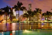 MIAMI SKYLINE SUNSET GLOSSY POSTER PICTURE BANNER florida palm trees lights 1483