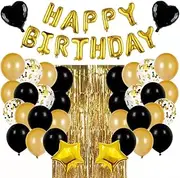 Black Gold Birthday Decorations Background,18 inches Black Gold Balloons GarlandParty Set, Birthday Banner with Sequin balloons and Golden Fringe Curtain,for Women Men Birthday Party