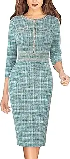 [VFSHOW] Womens Business Button Crew Neck Fitted Wear to Work Office Patchwork Pencil Sheath Dress