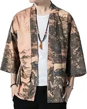 [Whyzsjnclg] Japanese Kimono Cardigan Men Loose Open Front Printed Jacket Long Sleeves Yukata Yellow L, Japanese Kimono Cardigan