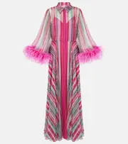 [Valentino] Valentino Feather-trimmed silk chiffon gown AU 14 multicoloured