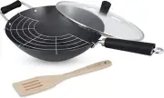 Ken Hom Non-Stick Carbon Steel 4-Pieces Wok Set, 31 cm Diameter Cookware
