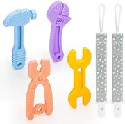 4 Pack Soft Silicone Teething Toys for infants age 0-6 Months 6-12 Months, BPA Free Silicone Baby Molar Teether Chew Toys,Hammer Wrench Spanner Pliers Shape Baby Boy Girl Toys,Soft-Textured, Easy to Hold & Clean