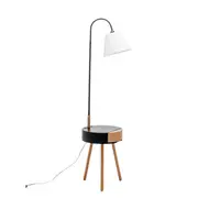 Zoltan Rubberwood Floor Lamp On Side Table Linen Shade W/ USB Port Charging - Off White/Black