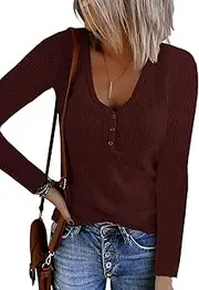 [Saodimallsu] Womens Henley Shirts Long Sleeve V Neck Button Down Casual Plain T Shirt Tops Blouse Tee