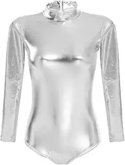 [ODIZLI] Women's Long Sleeve Patent Body Wetlook Gymnastics Suit Shiny Metallic One-Piece Sport Ballet Body Tops Costume