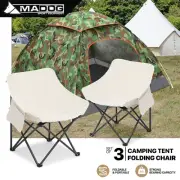 [2 WHITE CHAIR w/SIDE POCKET+4 PERSON DOUBLE LAYER DOME TENT]Folding Camping Set