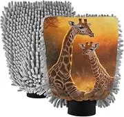 XYMZR Giraffe Family Grassland Absorbent Microfiber Car Wash Mitt, Funny Cute Anime Scratch Free for Cars Cleaning, Home Cleaning Mitts, 2 Pack, 10.24” L x 7.09” W