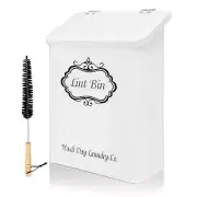 White Metal Magnetic Lint Bin For Laundry Room With Lid & Bonus Lint Brush